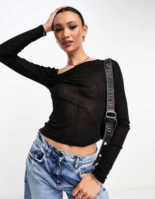 ASOS DESIGN sheer asymmetric gathered detail top in black