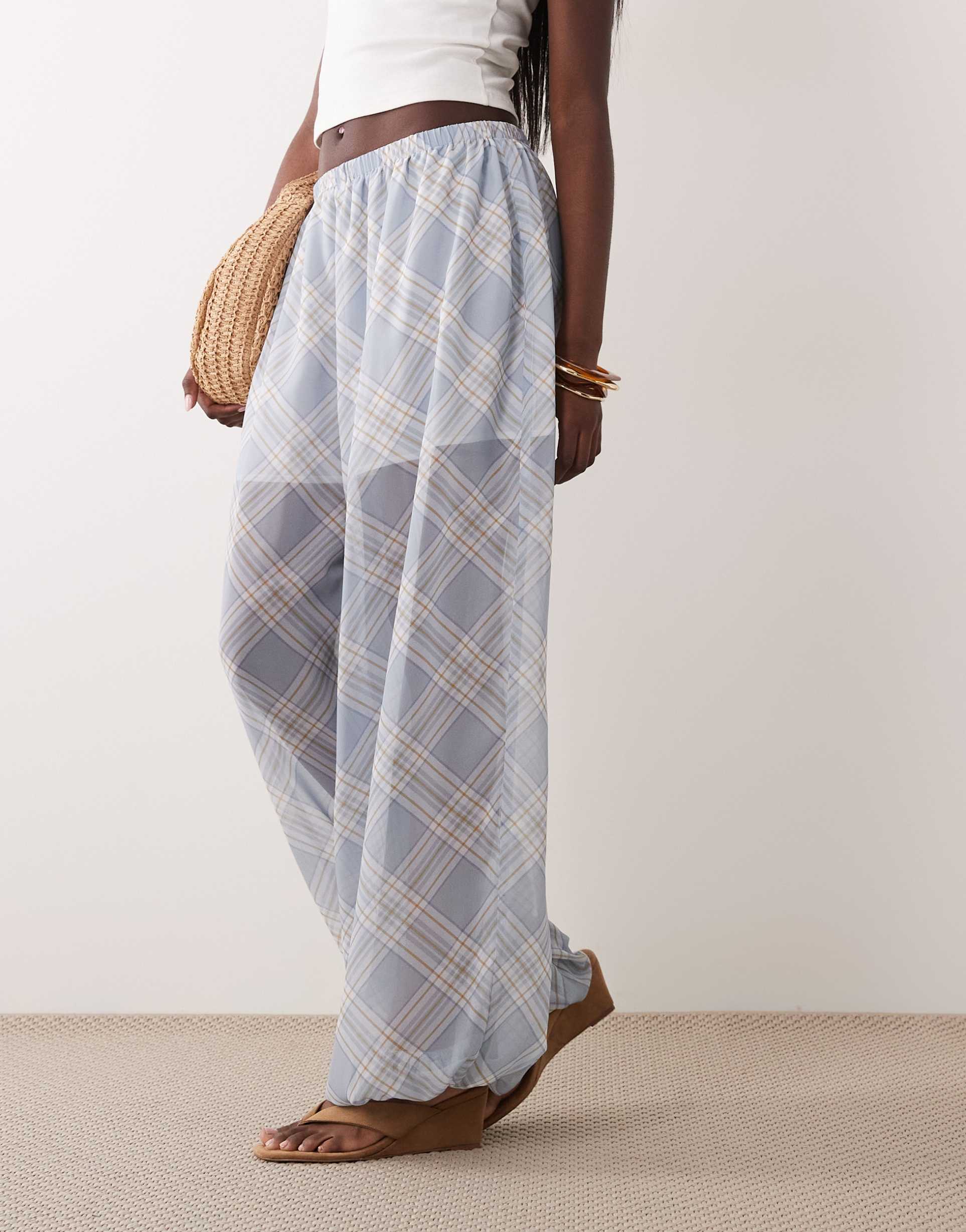asos design sheer balloon pants in blue plaid - part of a set