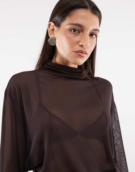 ASOS DESIGN sheer batwing high neck ruched sleeve top in dark grape, 2 of 4