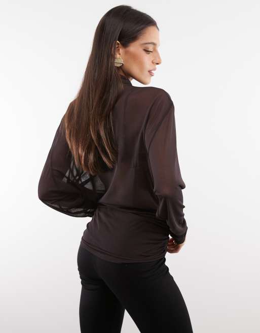 ASOS DESIGN sheer batwing high neck ruched sleeve top in dark grape, 3 of 4