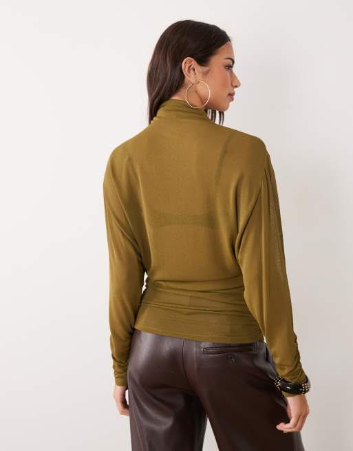 ASOS DESIGN sheer batwing high neck ruched sleeve top in olive, 3 of 4