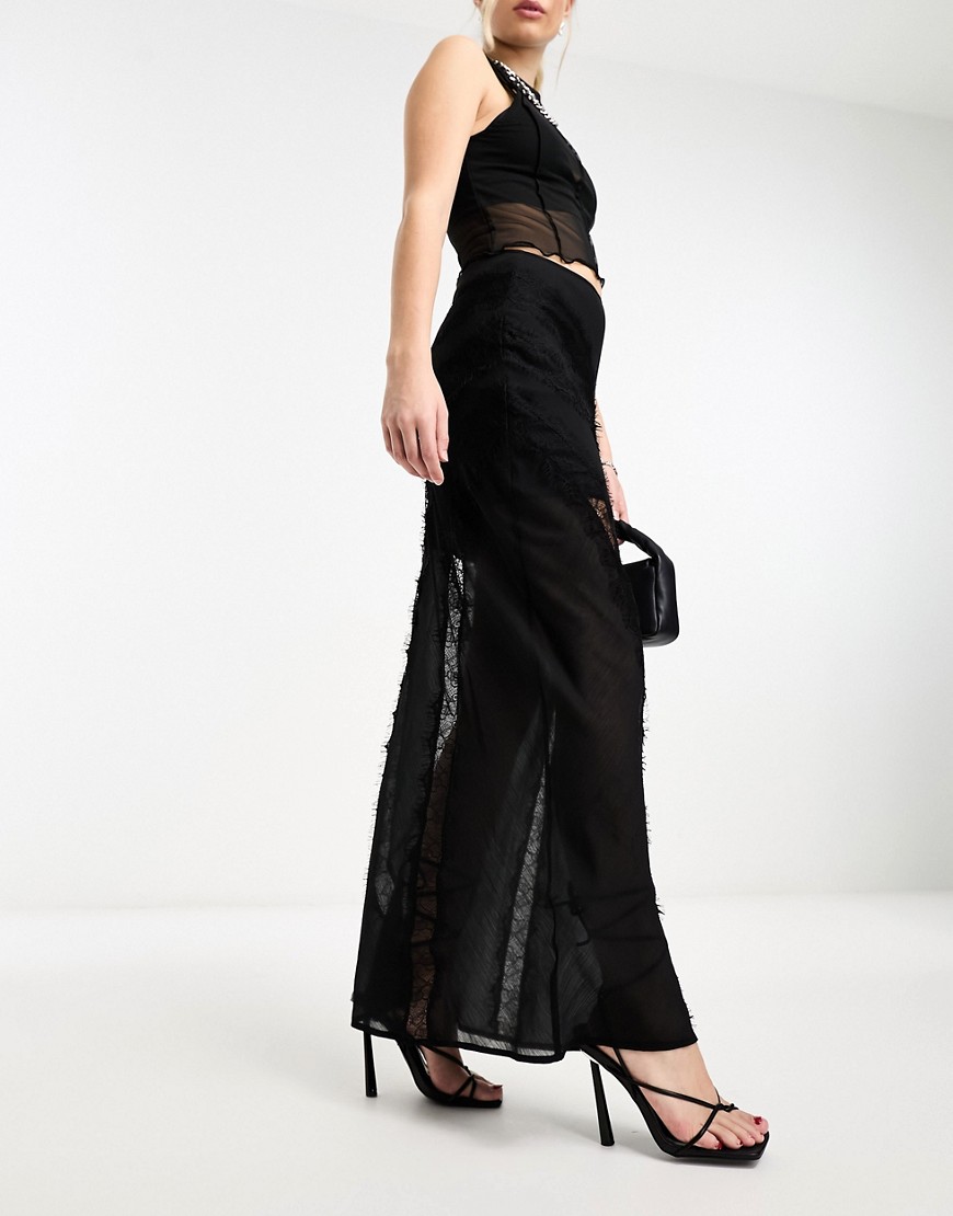 ASOS DESIGN sheer bias maxi skirt with lace inserts in black