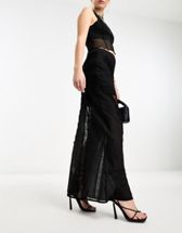 Topshop Petite lace and dobby sheer mesh maxi skirt in black, ASOS