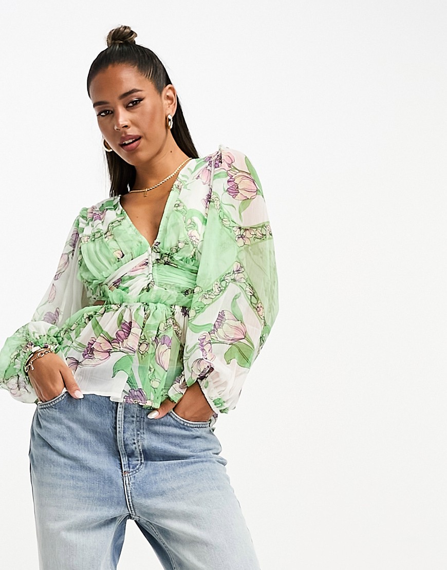 ASOS DESIGN sheer blouse with pleated waist & cut out back in ditsy floral-Multi