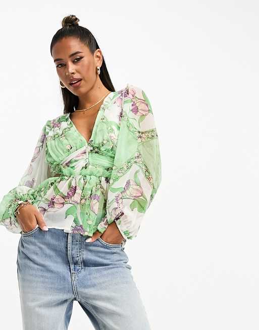 ASOS DESIGN sheer blouse with pleated waist & cut out back in ditsy floral