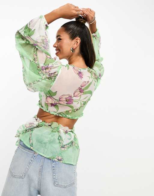 ASOS DESIGN sheer blouse with pleated waist & cut out back in ditsy floral