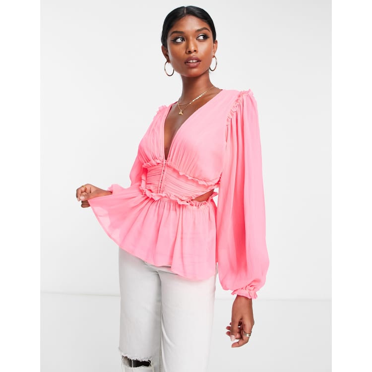  Womens Fashion Fall Long Sleeve Tops Ruffled Low Cut Basic Layering  Tee Shirts Crop Tops Barbie Pink S