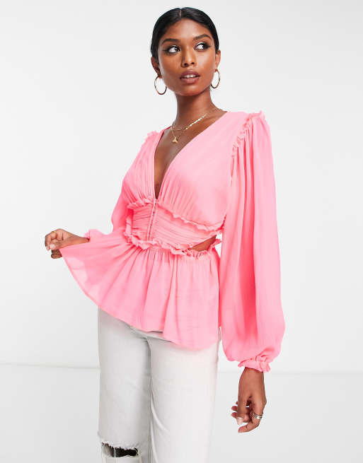 ASOS DESIGN sheer blouse with pleated waist & cut out back in neon pink