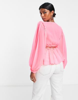 ASOS DESIGN sheer blouse with pleated waist & cut out back in neon pink, 1  of 4