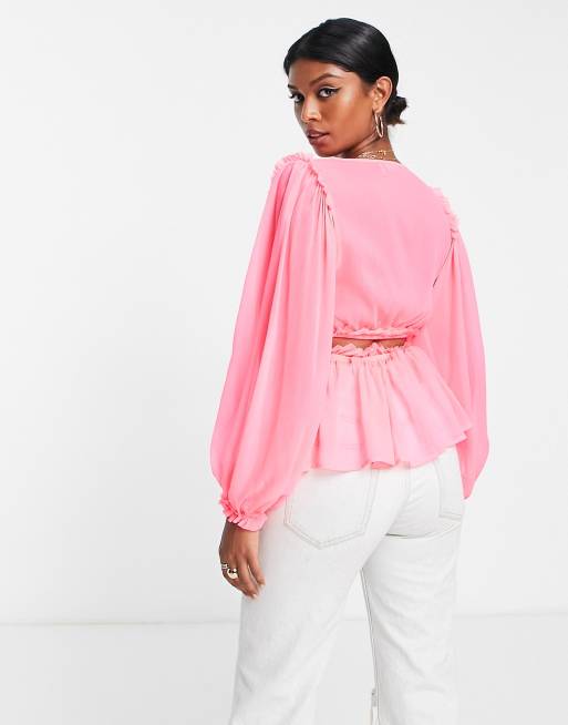 ASOS DESIGN long sleeve sheer blouse with ruffle frill detail and