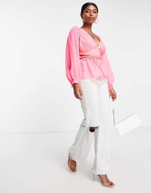 ASOS DESIGN sheer blouse with pleated waist & cut out back in neon pink