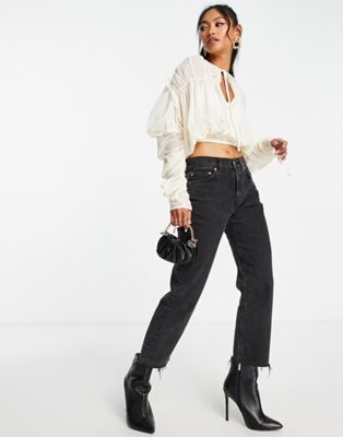 ASOS DESIGN sheer blouse with ruched sleeves & blouson in cream