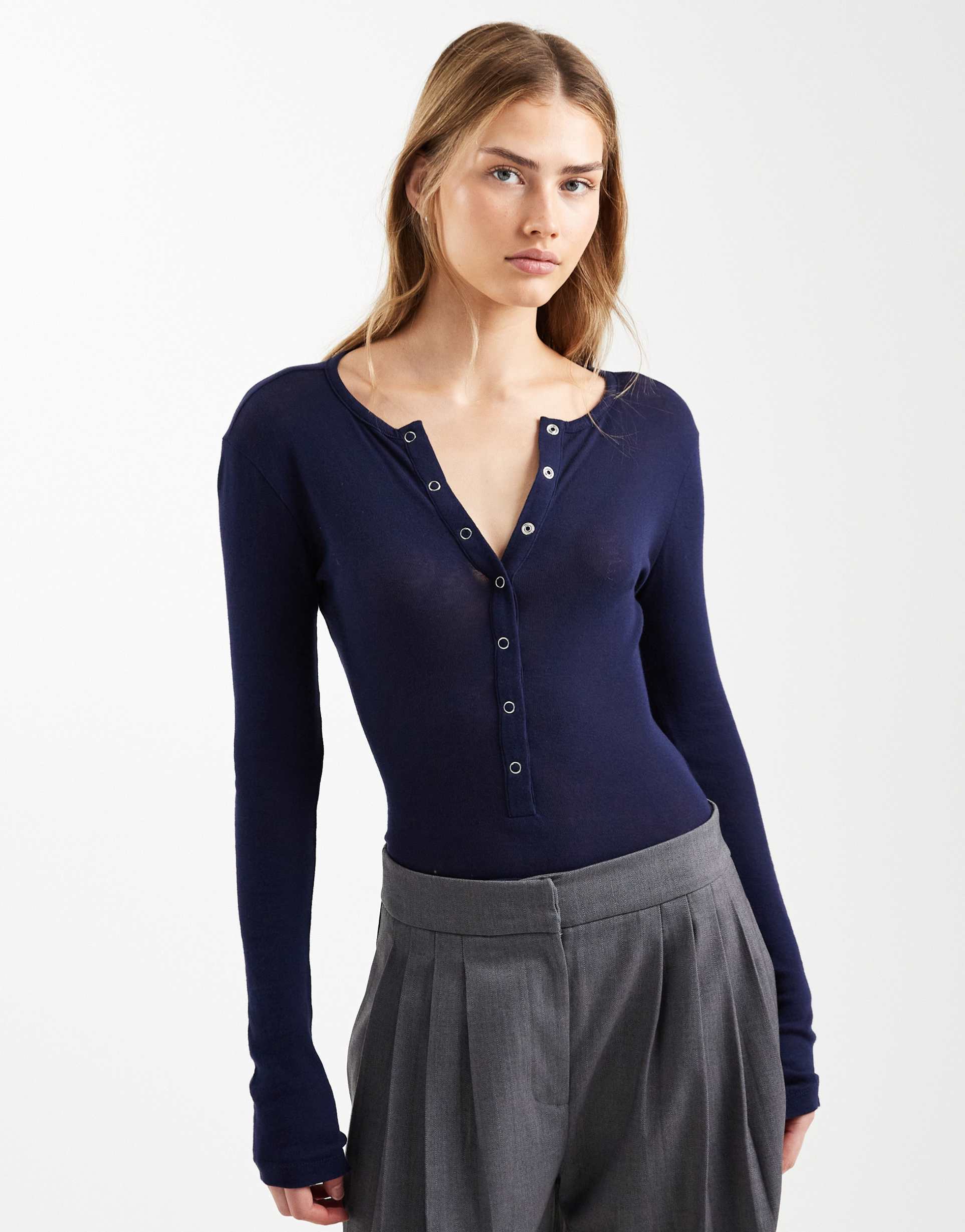 asos design sheer bodysuit with snap detail in navy