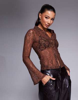 Asos Design Sheer Button Through Lace Shirt In Brown