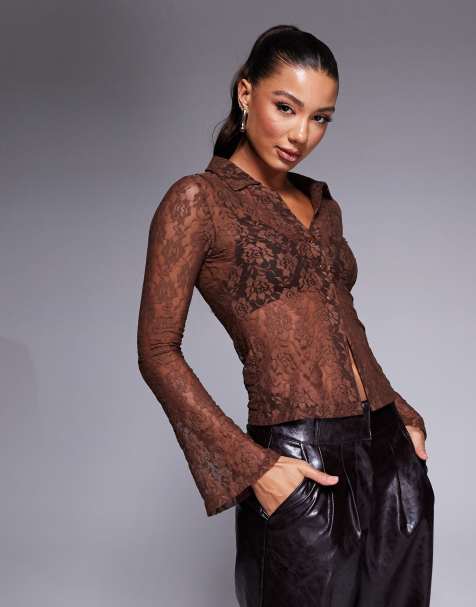 ASOS DESIGN sheer button through lace shirt in brown - view 1