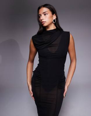 Asos Design Sheer Capped Sleeve Sculpting Midi Dress With Bodysuit In Black