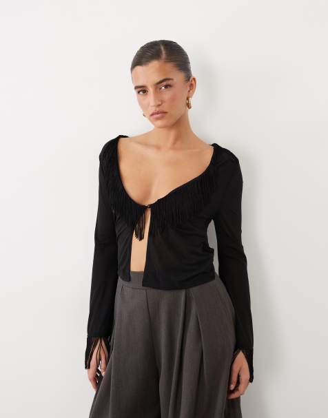 ASOS DESIGN sheer cardigan top with fringing detail in black