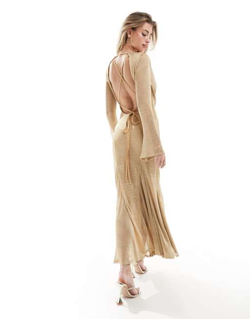 Kaiia sequin sheer tie detail maxi dress in gold