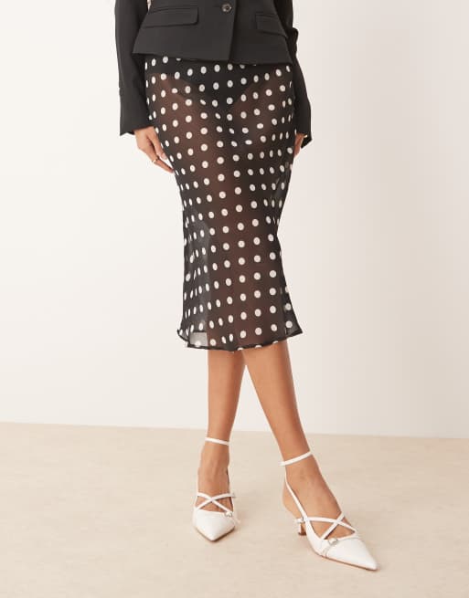 ASOS DESIGN sheer chiffon bias cut midi skirt in polka dot print