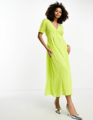 Asos Design Sheer Chiffon Button Midi Tea Dress With Side Panel Detail In Acid Green