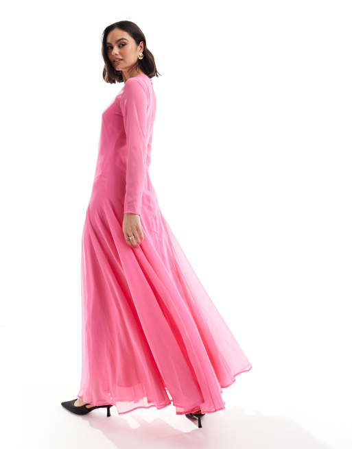 pink tent dress Vintage 1970's / 80's Hot Pink Magenta Cotton Tent Dress Long Sleeves  Embroidery