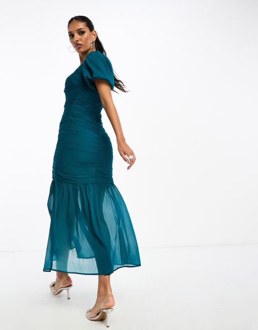 ASOS DESIGN sheer chiffon midi dress with ruching and keyhole detail in teal