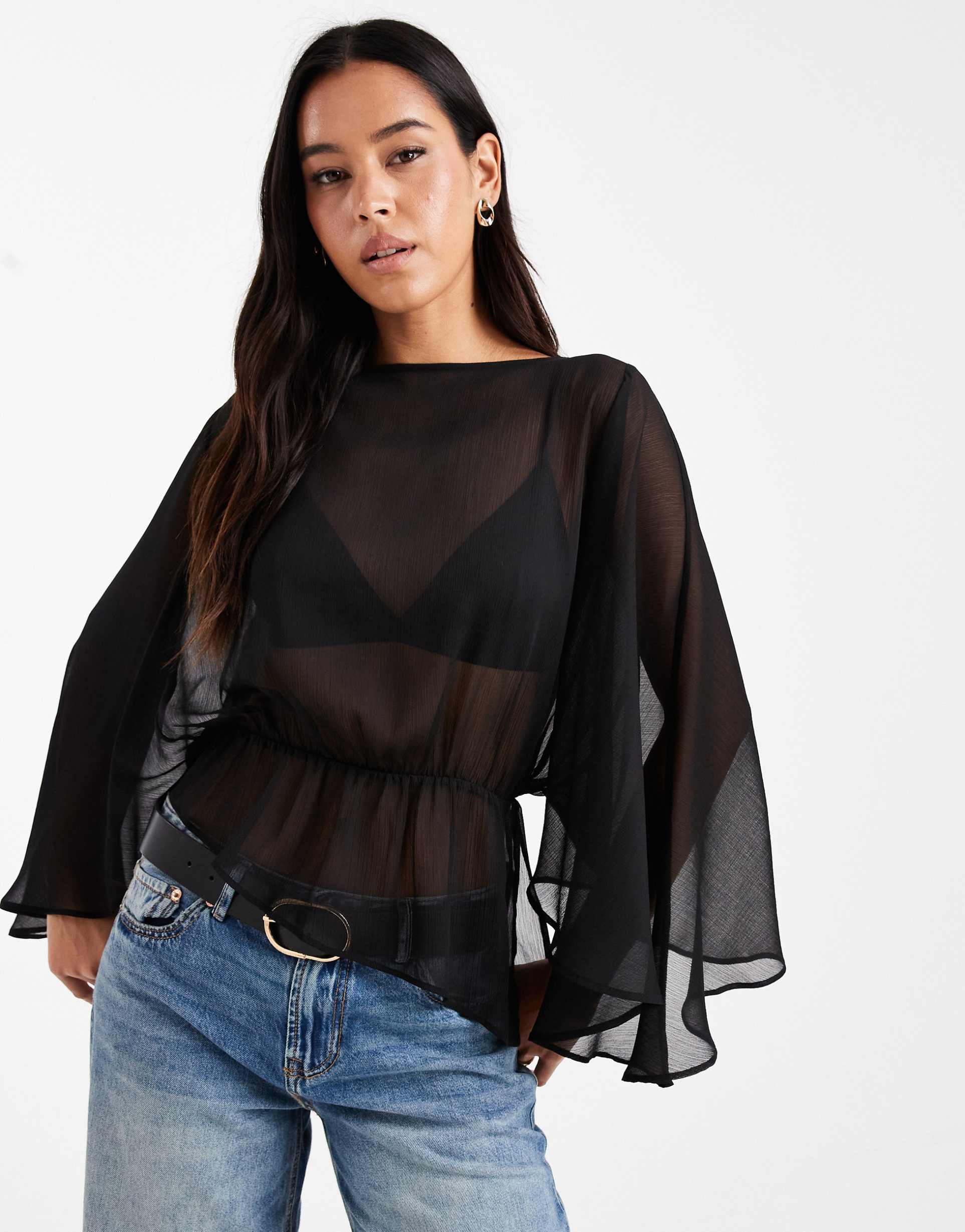 asos design sheer chiffon slash neck batwing cape blouse