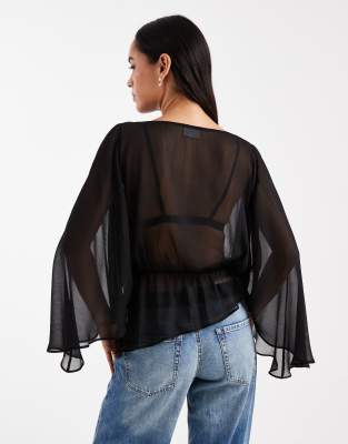 Asos Design Sheer Chiffon Slash Neck Batwing Cape Blouse-multi In Black