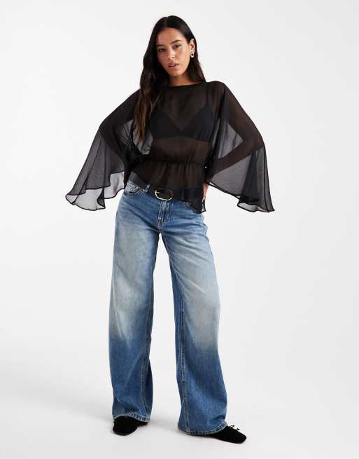 ASOS DESIGN sheer chiffon slash neck batwing cape blouse | ASOS