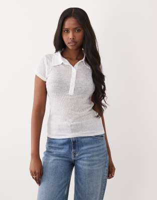 Asos Design Sheer Collared Short Sleeve Top In White