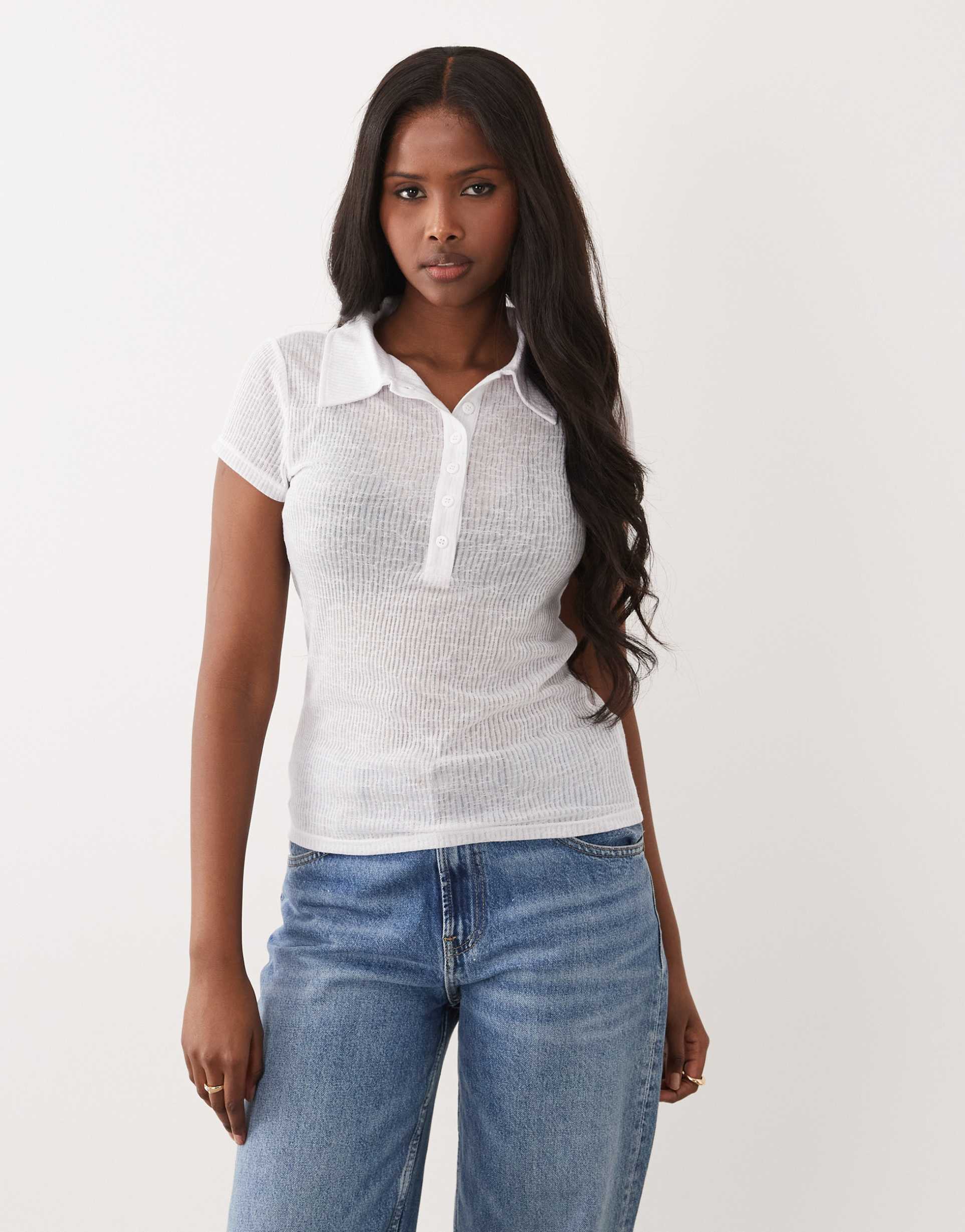 asos design sheer collared short sleeve top in white