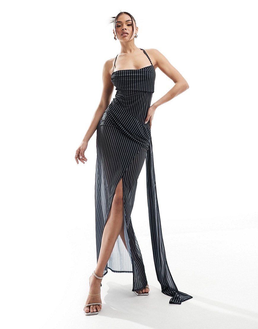 ASOS DESIGN sheer cowl neck maxi dress with high split in navy stripe-Multi