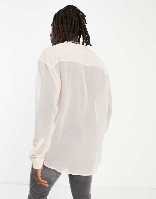 ASOS DESIGN sheer crepe shirt with half placket and grandad collar in peach, 2 of 4