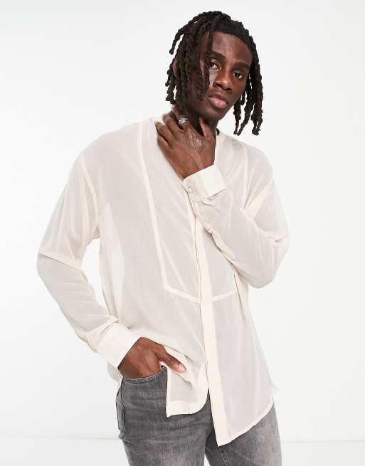 ASOS DESIGN sheer crepe shirt with half placket and grandad collar in peach, 3 of 4