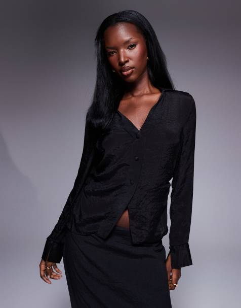 ASOS DESIGN sheer crinkle co-ord long sleeve shirt in black - view 1