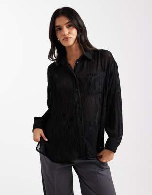 Asos Design Sheer Crinkle Detail Shirt In Black