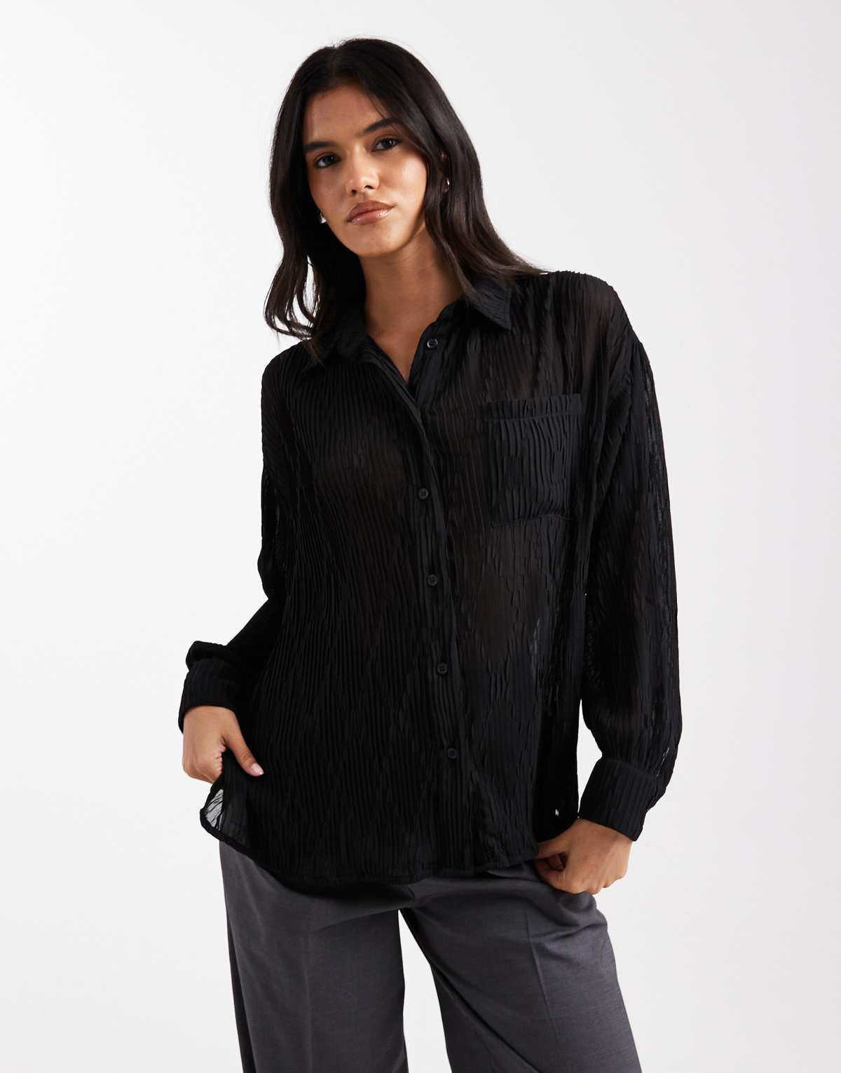 ASOS DESIGN sheer crinkle detail shirt in black