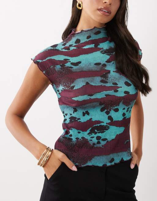 ASOS DESIGN sheer crinkle plisse high neck tank in blue abstract print, 3 of 4