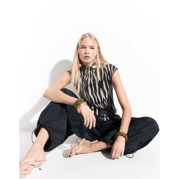 ASOS DESIGN sheer crinkle plisse high neck tank in mono zebra
