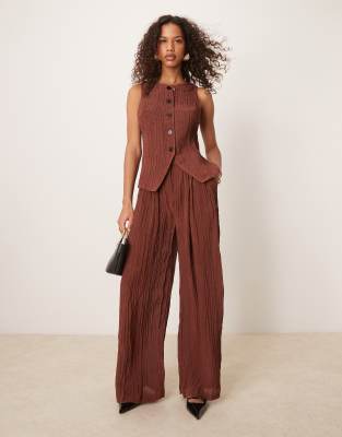 sheer crinkle satin wide leg pants in brown - part of a set