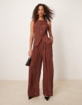 [ASOS DESIGN] ASOS DESIGN sheer crinkle satin wide leg pants in chocolate (part of a set)-Brown 12 Chocolate