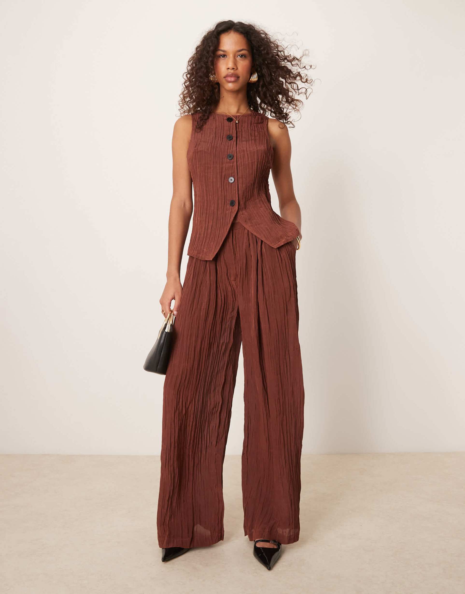 asos design sheer crinkle satin wide leg pants in chocolate - part of a set