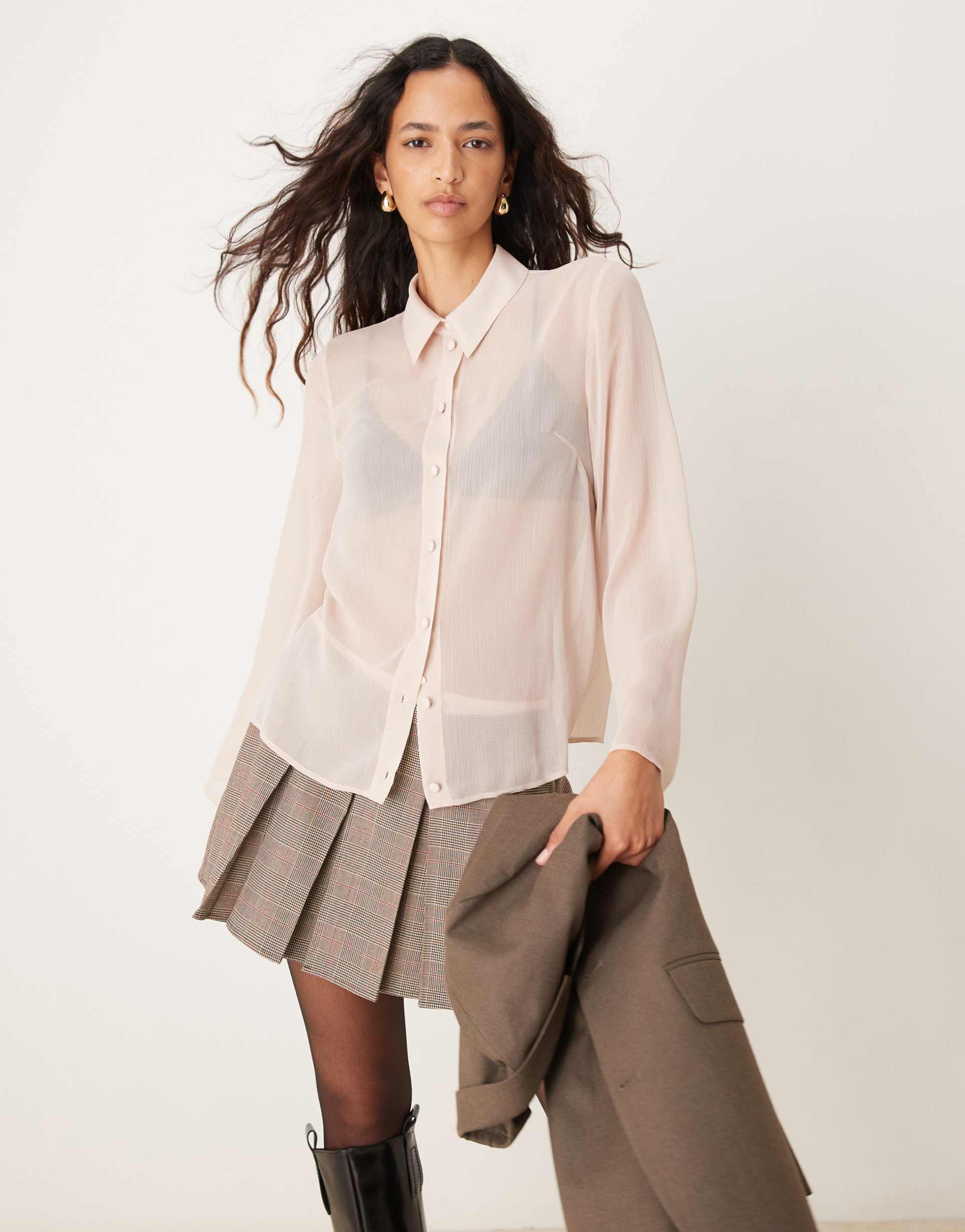 asos design sheer crinkle shirt in pink