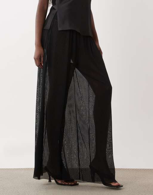 ASOS DESIGN sheer crinkled mesh wide leg pants in black, 2 of 5