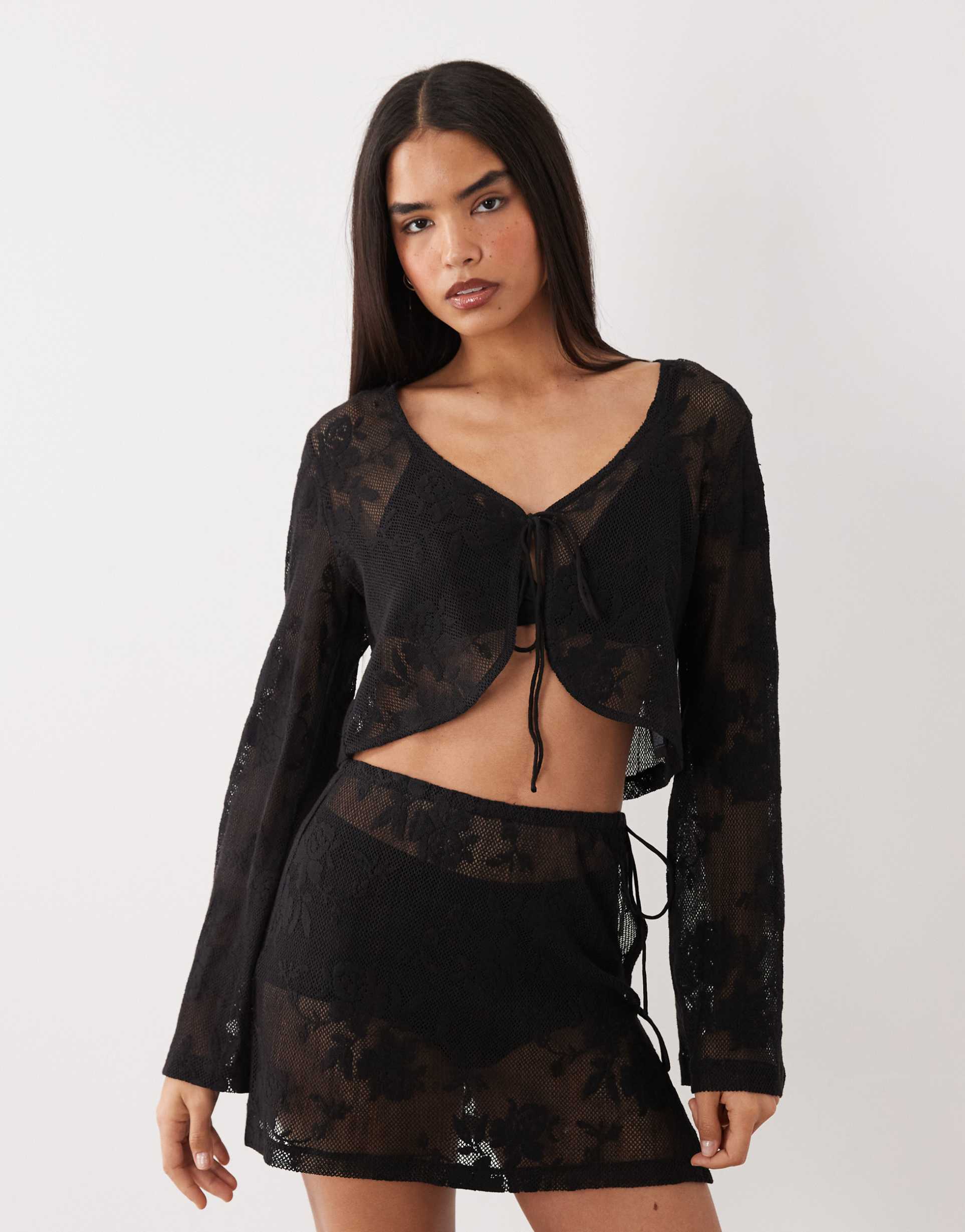 asos design sheer crochet lace tie front top in black - part of a set