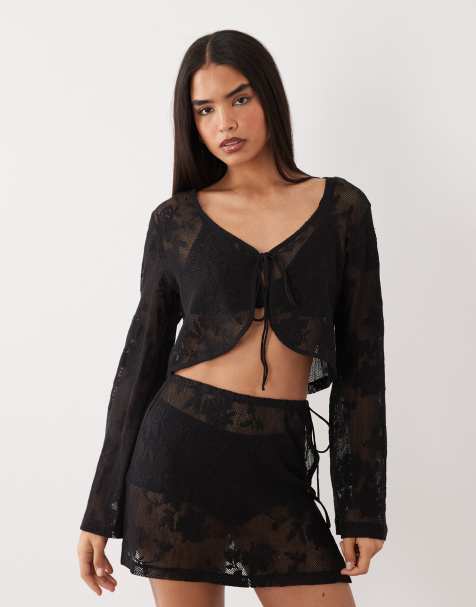 ASOS DESIGN sheer crochet lace tie front top (part of a set) - view 1