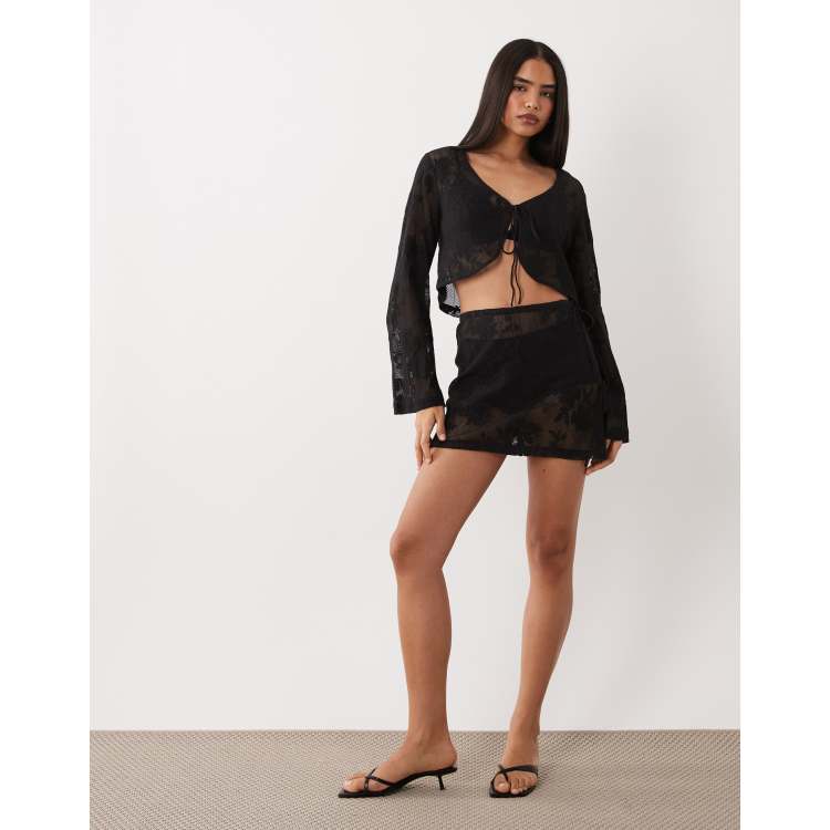 ASOS DESIGN sheer crochet lace tie front top & skirt set | ASOS
