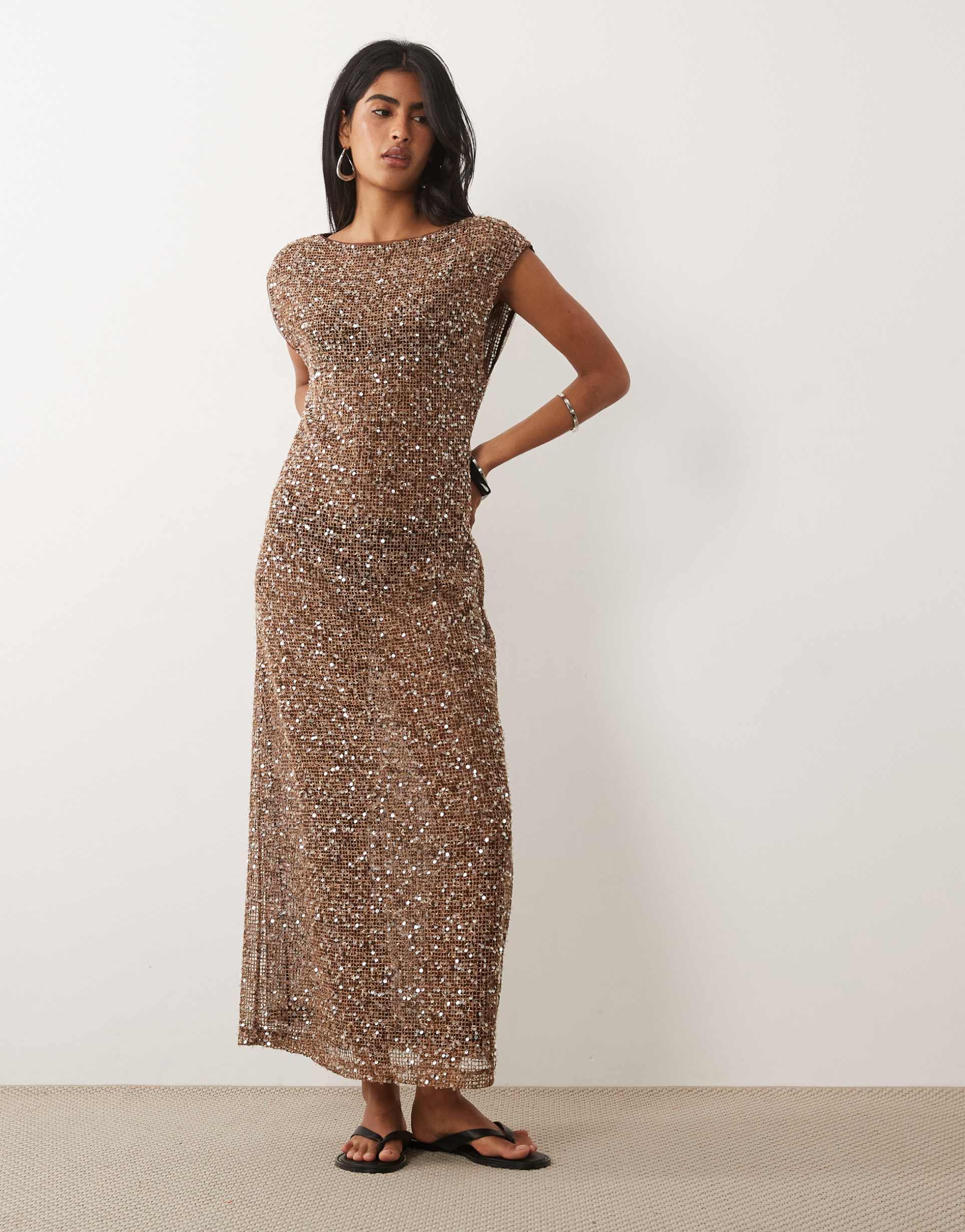 asos design sheer crochet sequin maxi dress in brown