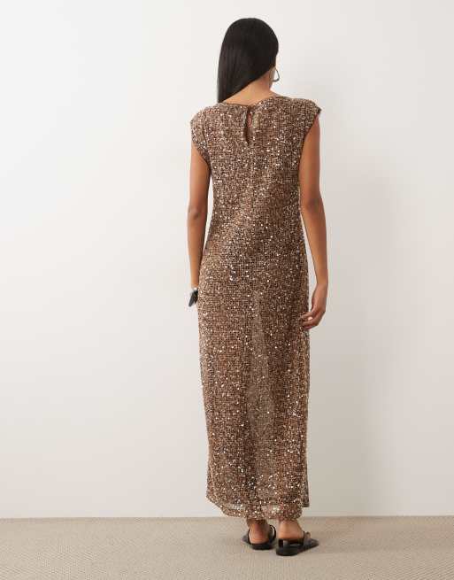 ASOS DESIGN sheer crochet sequin maxi dress in brown, 4 of 4