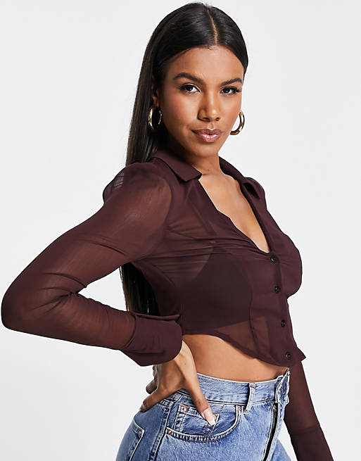 Tops Shirts & Blouses/sheer cropped shirt with seam detail in chocolate 